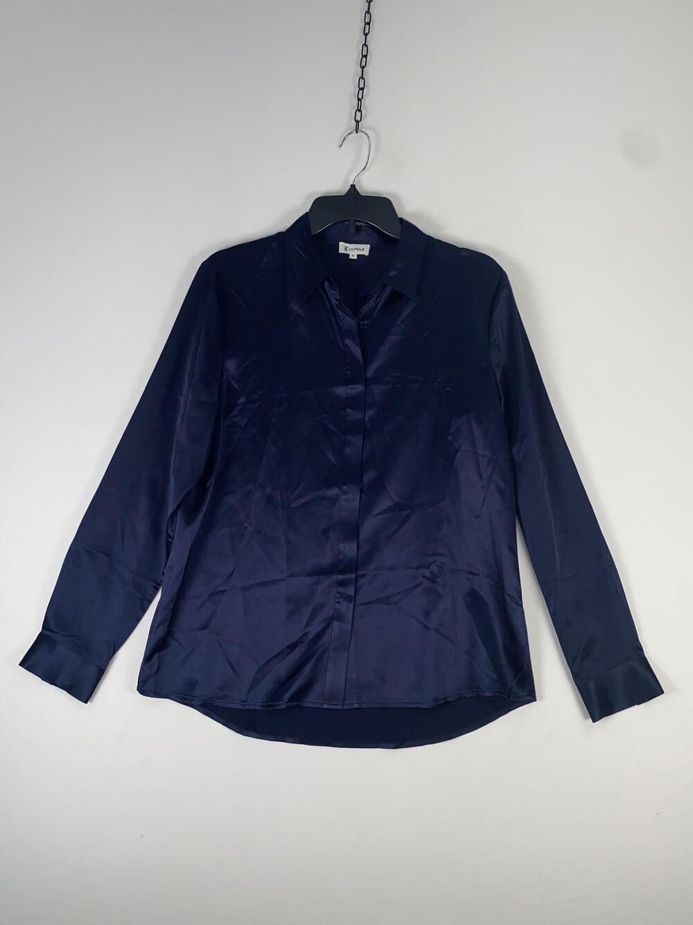 LILYSILK Blouse Womens Medium Blue Mulberry Silk Satin Button Front Top